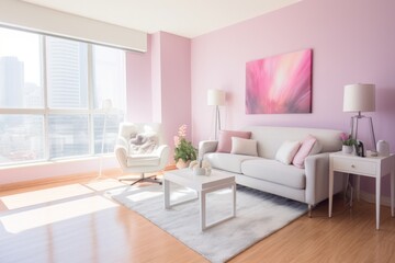 Fototapeta na wymiar Sweet color pastel living room studio interior decoration background.