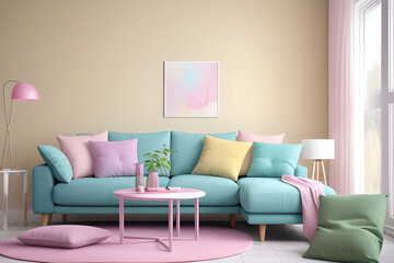Modern apartment living room and square artwork mockup of pastel gentle calming vibrant colourful light