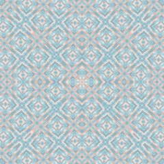 Seamless kaleidoscopic geometric pattern. Light turquoise, coral ornament.
