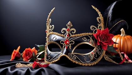 A Gold Venetian Mask with a Red Rose and a Black Feather for Halloween