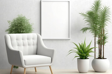Minimal Room, Modern Armchair, Indoor Plant, and Empty Frame Mockup. Bright colors, minimal shapes, and empty frames are best for art, print, and wallpaper mockups. Generative AI