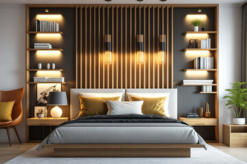 A contemporary master bedroom with a wooden headboard panel and display racks. illustration using ornamentation with low illumination. Generative AI