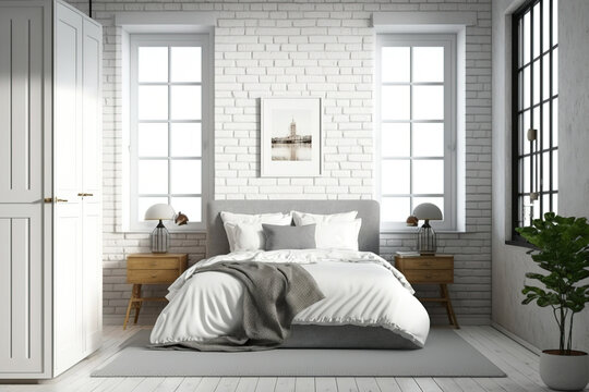 White brick bedroom with wooden floor, wide window, gray bed, and two nightstands. mirrored armoire. mockup. Generative AI