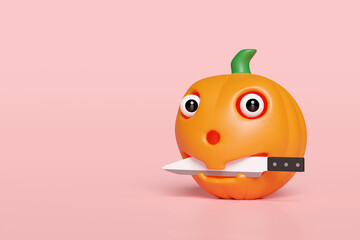3d halloween day concept with Pumpkin head holding a knife isolated on pink background. holiday party, 3d render illustration