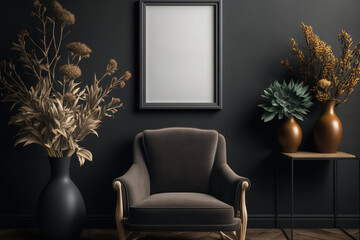 mock-up frame with an armchair and a branch in a vase in a dark home decor. Generative AI