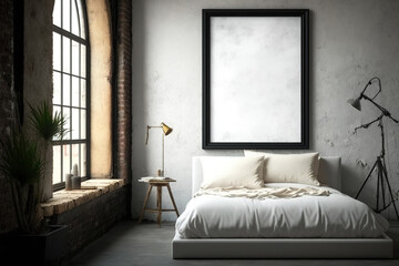 mockup frame of a luxurious bedroom in a loft design. Generative AI