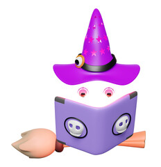 3d halloween day concept with flying witch hat, wand, magic book isolated. holiday party, 3d render illustration