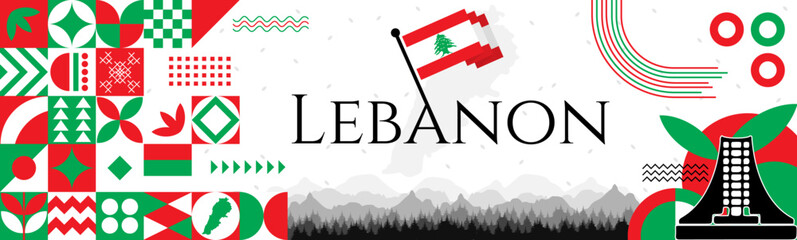 The Lebanon Independence Day abstract banner design with flag and map. Flag color theme geometric pattern retro modern Illustration design. Green, white and Red color template. © Hadducc