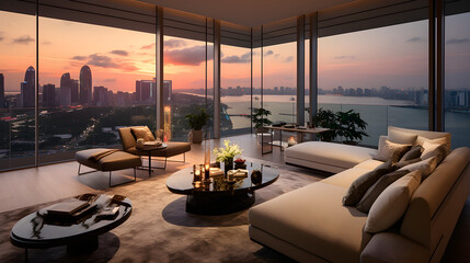 A spacious high-rise luxury living room with a sofa building top view