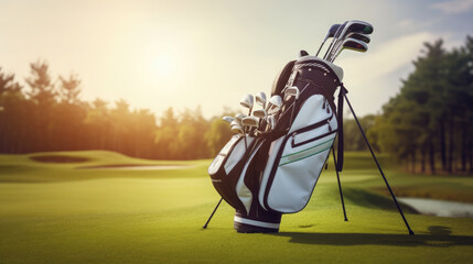 Generative AI, a sports bag with golf clubs stands on a green golf course, a professional elite golf club, a place for text, a lifestyle, an advertisement for a sports store