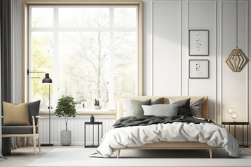 Urban contemporary modern Scandinavian bedroom with frame. Generative AI