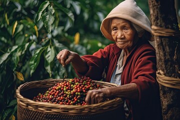 Woman picking coffee from a coffee plantation in Vietnam  ,Generative AI v