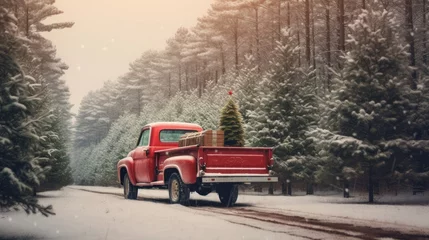 Abwaschbare Fototapete Oldtimer red truck car carrying christmas tree.winter season 