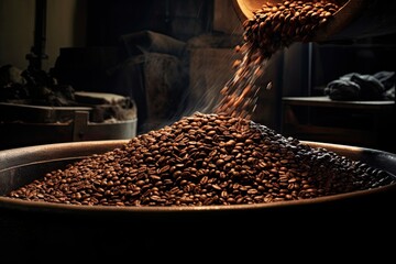 Coffee Roaster man Checking on the Coffee bean roasted to order in front of the roasting coffee machine ,Generative AI