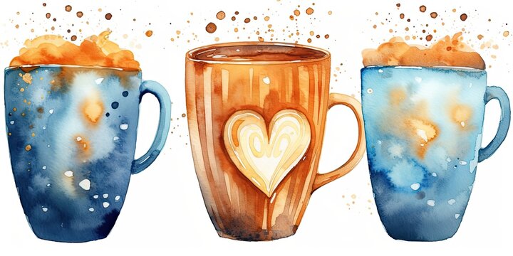 Watercolor coffee clipart collection in vintage style,Generative AI