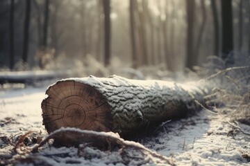 Fototapeta na wymiar Wooden Tree Felled, Snowy Landscape, Top Down Perspective. felling tree. winter season