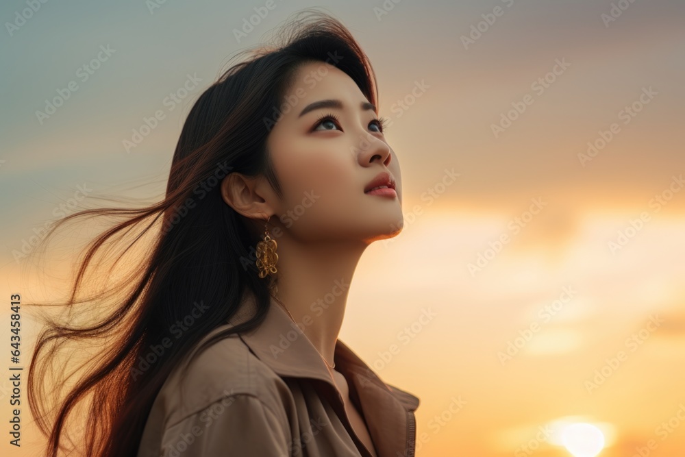 Canvas Prints Young woman looking up at the sky at sunset