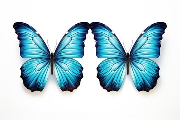 Set of two beautiful blue tropical butterflies with wings spread and in flight isolated on white background