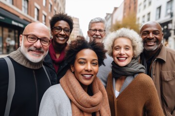 Fototapeta premium Diverse group of mature people of different races smiling happy face in city