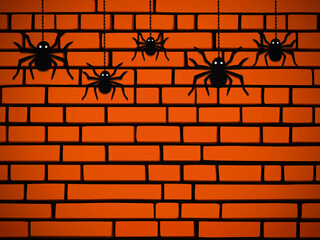 Happy Halloween. halloween background. black spider and cobweb. Halloween orange brick wall background