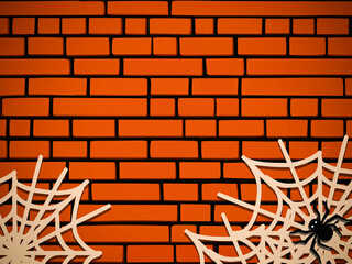Happy Halloween. halloween background. black spider and cobweb. Halloween orange brick wall background.