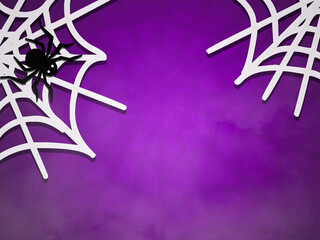 Happy Halloween. halloween background. black spiders cobweb and bats, scary pumpkins, serpentine and confetti on purple background..