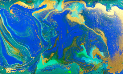 Fototapeta na wymiar Marbled Blue Abstract Background. Liquid Marble Pattern with Gold Powder.