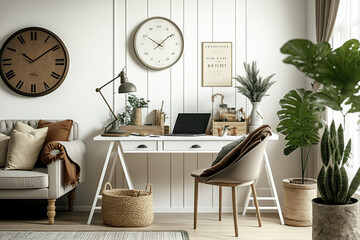 Neutral bohemian living room with stylish desk, armchair, lamp, office supplies, clock, copy space, notes, and personal accessories. Template. Generative AI