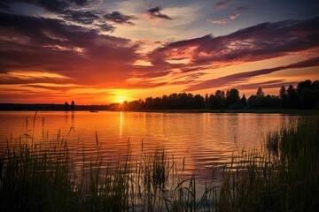 Obraz premium Sunset over a country lake.