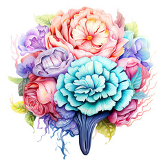 Human brain made with flowers watercolor Clipart isolated on Transparent Background. Floral Brain Clipart.