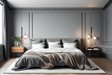 Stylish and symmetric bedroom interior with a focus on a copy space on an empty grey wall can result in a balanced and visually appealing design. Here's a step-by-step guide to achieving 