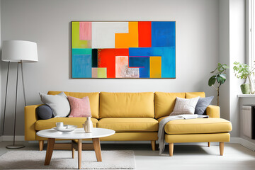 Modern living room with sofa and big horizontal artwork of vibrant gentle calming colourful