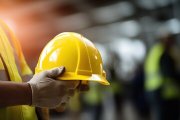 Close-up of a construction worker holding a hard hat in his hands.Generative Ai