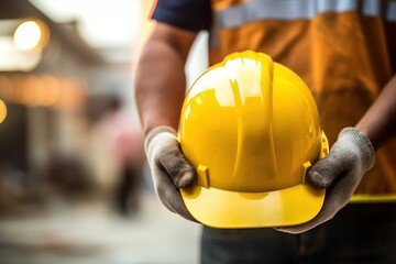 Close-up of a construction worker holding a hard hat in his hands.Generative Ai