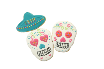 PNG, skull painted in mexican style, isolated on white background.