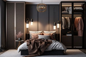 beautiful bedroom with bed blankets. improvised wall-lit wardrobe High-quality modern illustrations. Generative AI