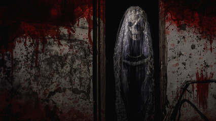 Halloween concept of ghostly bride in a bridal dress and veil with a skull face standing in shadows...