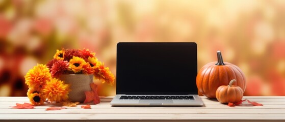 Laptop computer mock up white empty blank screen template Happy Halloween pumpkins decorations background, Thanksgiving digital online shopping website promo fall sale promotion offer ads, mockup. - obrazy, fototapety, plakaty