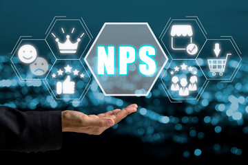 NPS, Net promoter score concept, Business woman hand holding net promoter score icon on virtual...