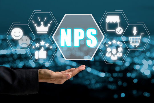 NPS, Net promoter score concept, Business woman hand holding net promoter score icon on virtual screen.