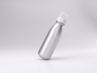 3D render empty white metal bottle mockup template photo with white background side angle view.