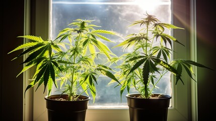Fototapeta premium Cannabis plants in a flower pot, Canaabis Plants, Marijuana Buds, Close-up