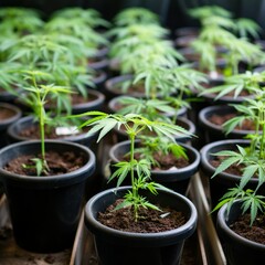 Cannabis cuttings in pots, young marijuana plants, small cannabis plants in cultivation, close-up, top view,