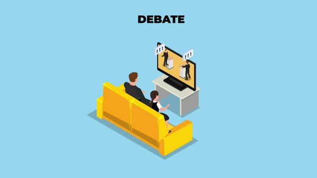 People watch tv show with leaders of opposing political parties isometric 3d cartoon animation