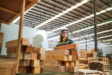 Industrial factory employee working in wooden manufacturing industry