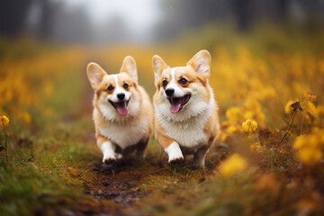 Two corgi dogs walking in a autumn park - obrazy, fototapety, plakaty