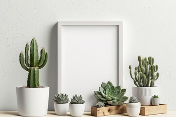 Square wooden frame mock-up with various cactus and succulent plants. White wall with a white shelf. Copy space. Generative AI