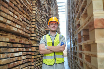 Worker are working at lumber yard in Large Warehouse. Worker are  working.on woodworking machine, lumber and Inventory check at Storage shelves in lumberyard.