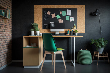 Simple workspace: Osb desk, chalkboard, and green chair. Generative AI
