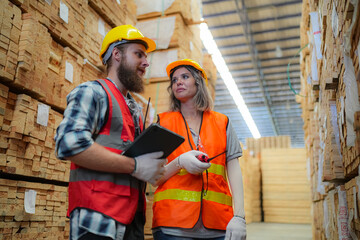 Industrial factory employee working in wooden manufacturing industry